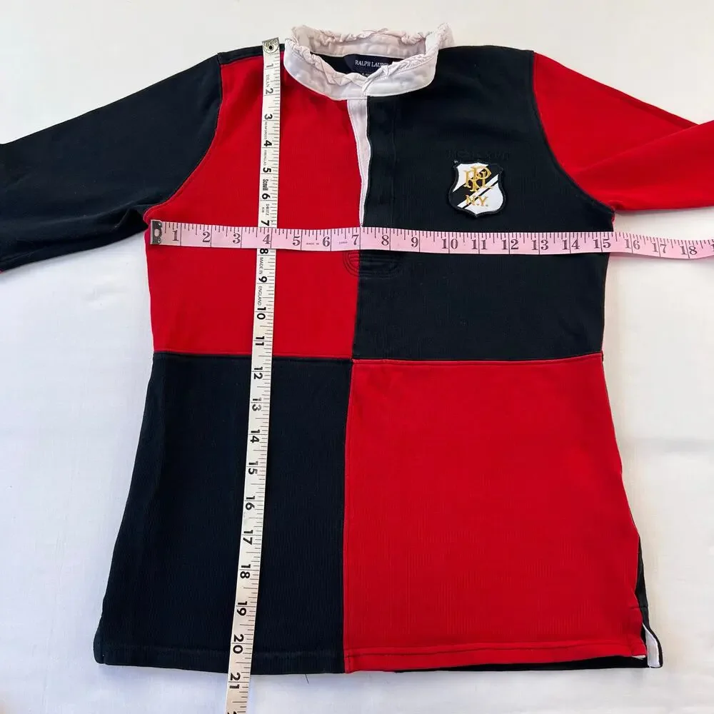 Ralph Lauren Girls Rugby Polo Shirt Red Black Block Size Large 12/14 LRL NY